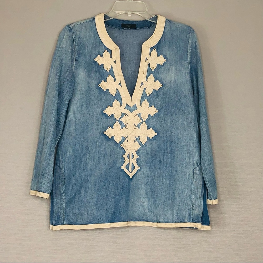 J. Crew Denim Chambray Tunic with Elaborate Brocade Front. SZ SM/M